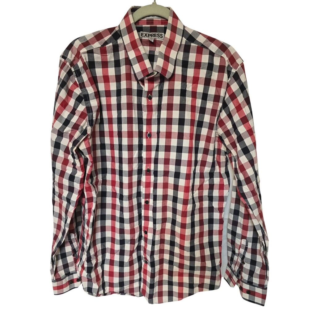 Express Men's XL Fitted Plaid Long Sleeve Button Up Shirt Red Black White Cotton